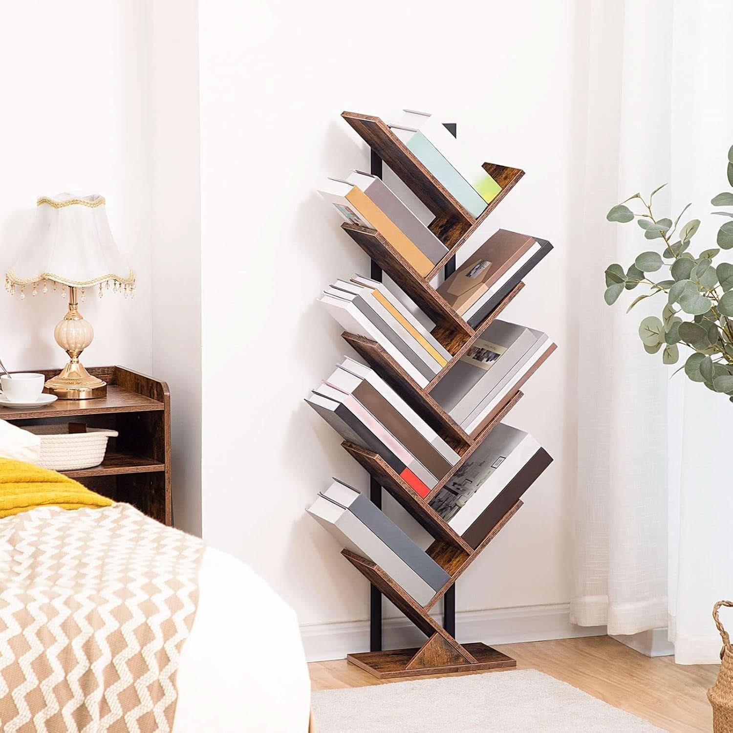 Tree Bookshelf 9 Tier Rustic Brown Living Room Bookcase