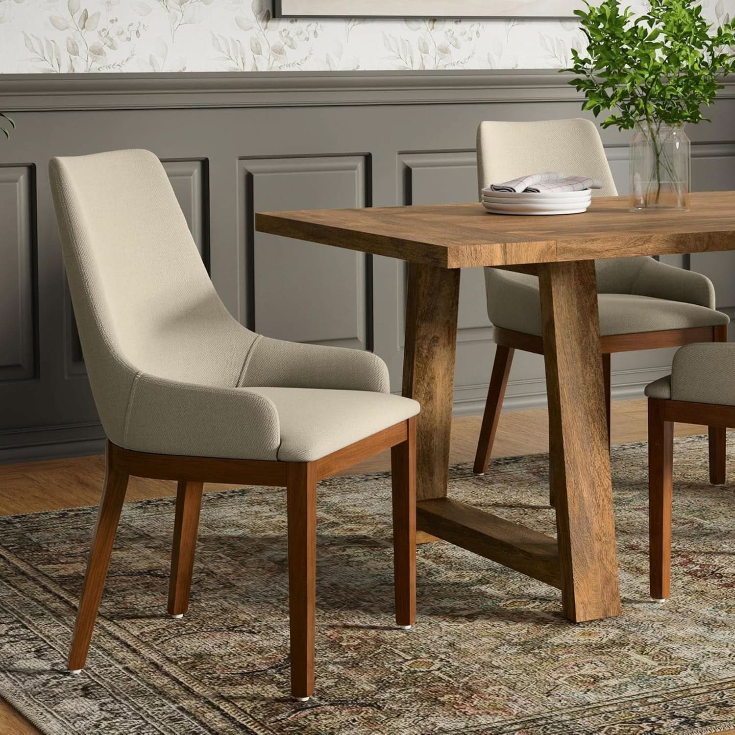 Stephanie Contemporary Dining Chair Set Of 2 In Natural Linen Look Fabric