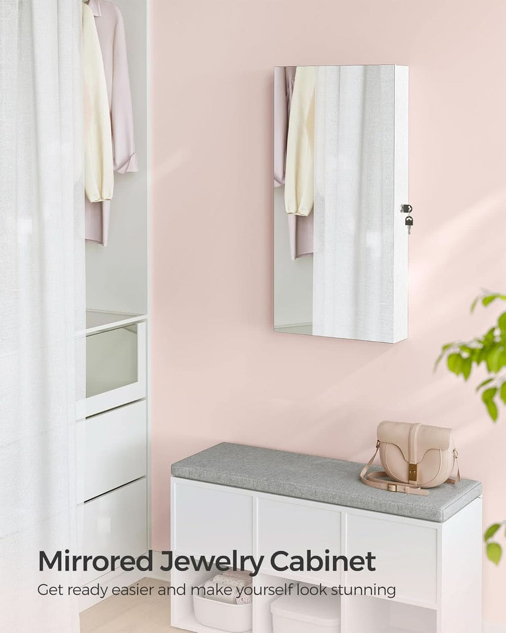 Mirror Jewelry Cabinet Armoire With LED Lights White