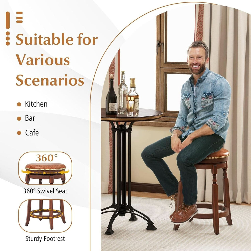 24 Inch Swivel Bar Stool Set Of 2 With Upholstered Seat And Rubber Wood Frame For Kitchen Island