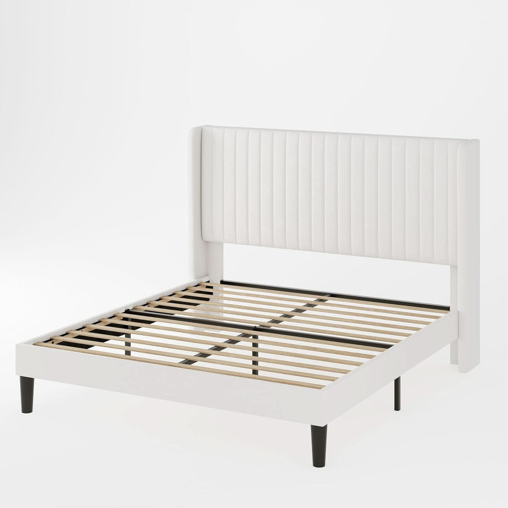 White Velvet Full Bed Frame With Wingback Tufted Headboard