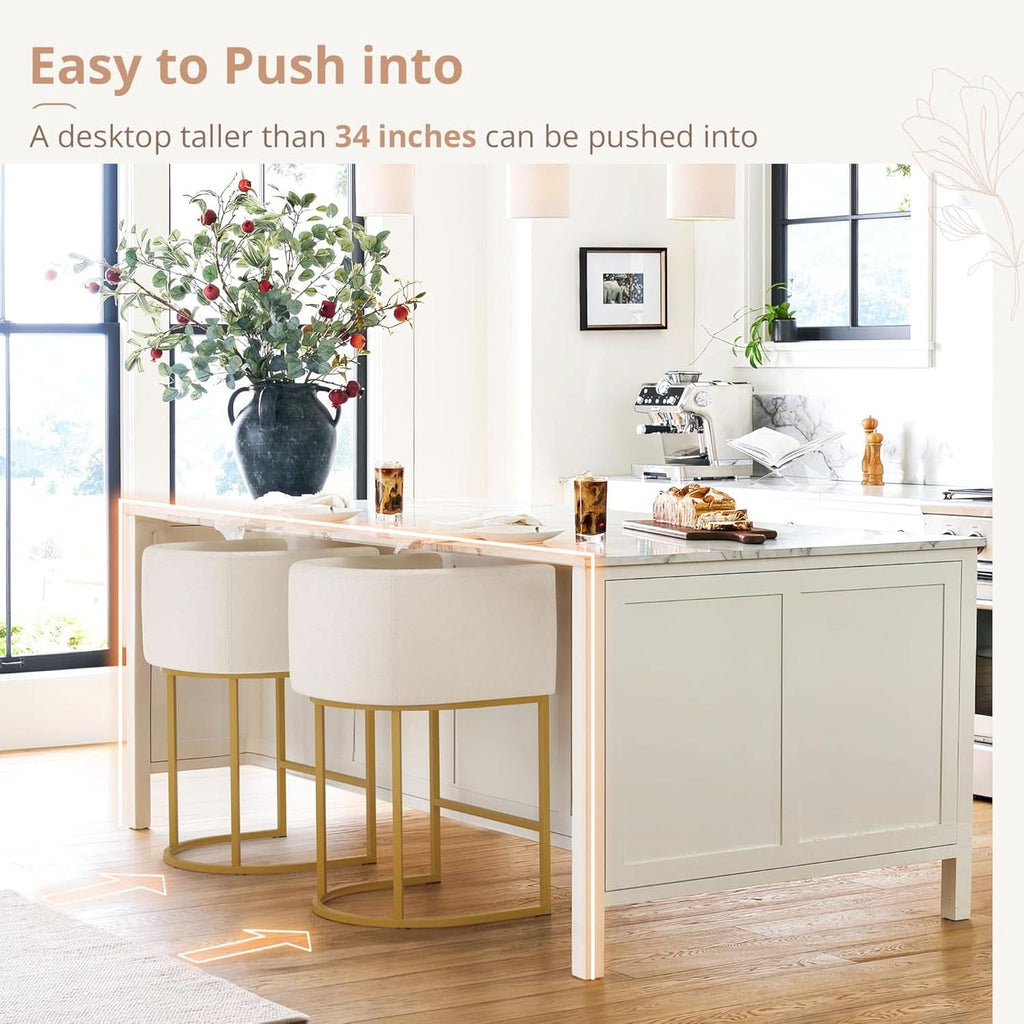 27 Inch Counter Height Bar Stools With Backrest And Arms Gold Metal Frames Beige Linen Upholstery