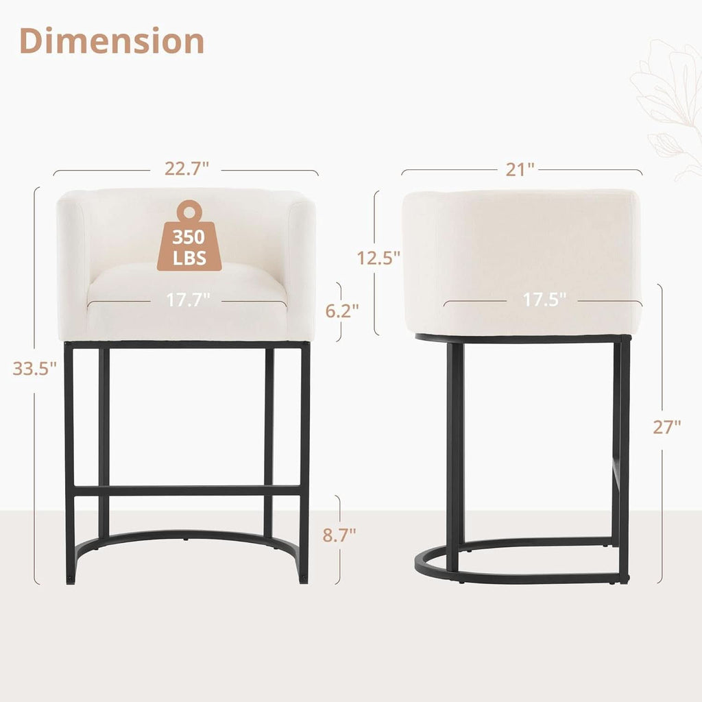 27 Inch Counter Height Bar Stools Set Of 4 With Backrest And Armrests Beige Linen Upholstery Black Metal Frame