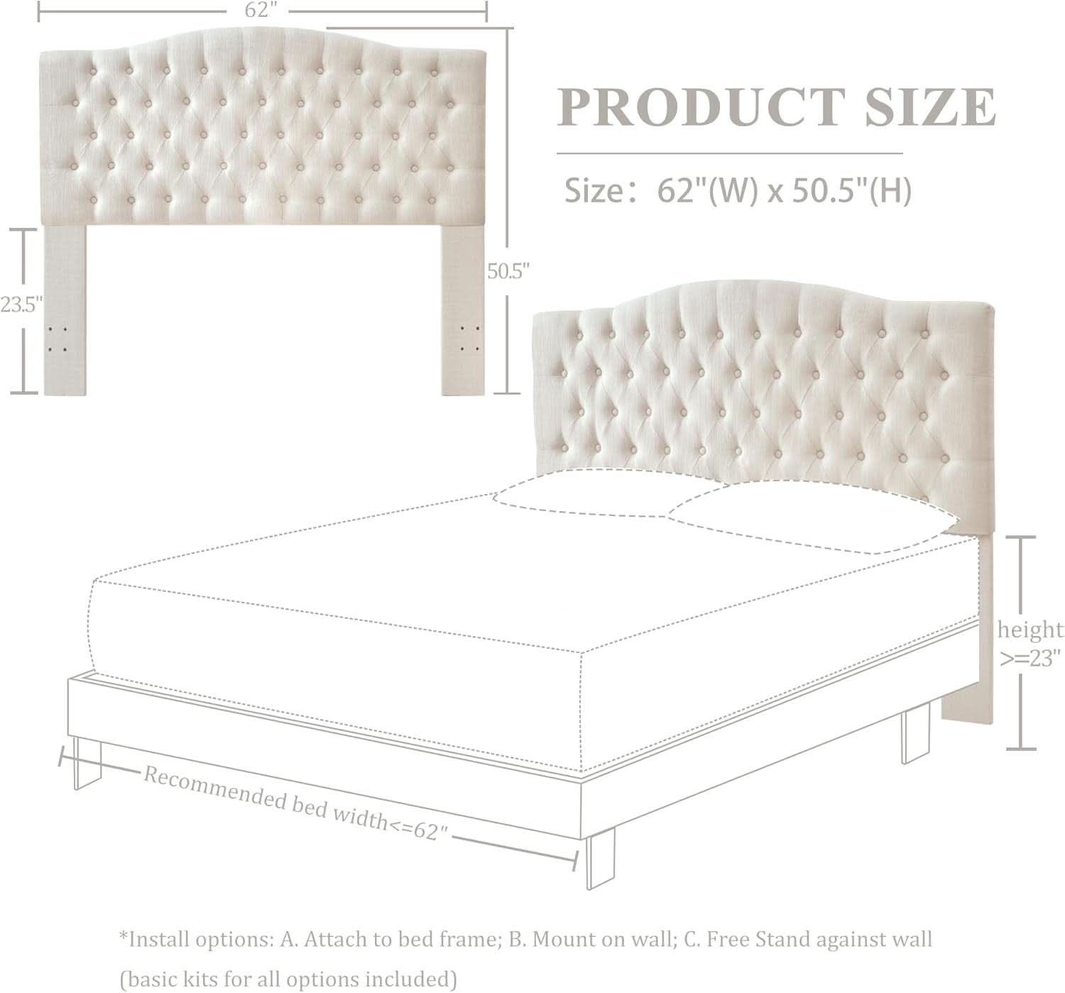Tufted Linen Upholstered Headboard for Queen Full Beds