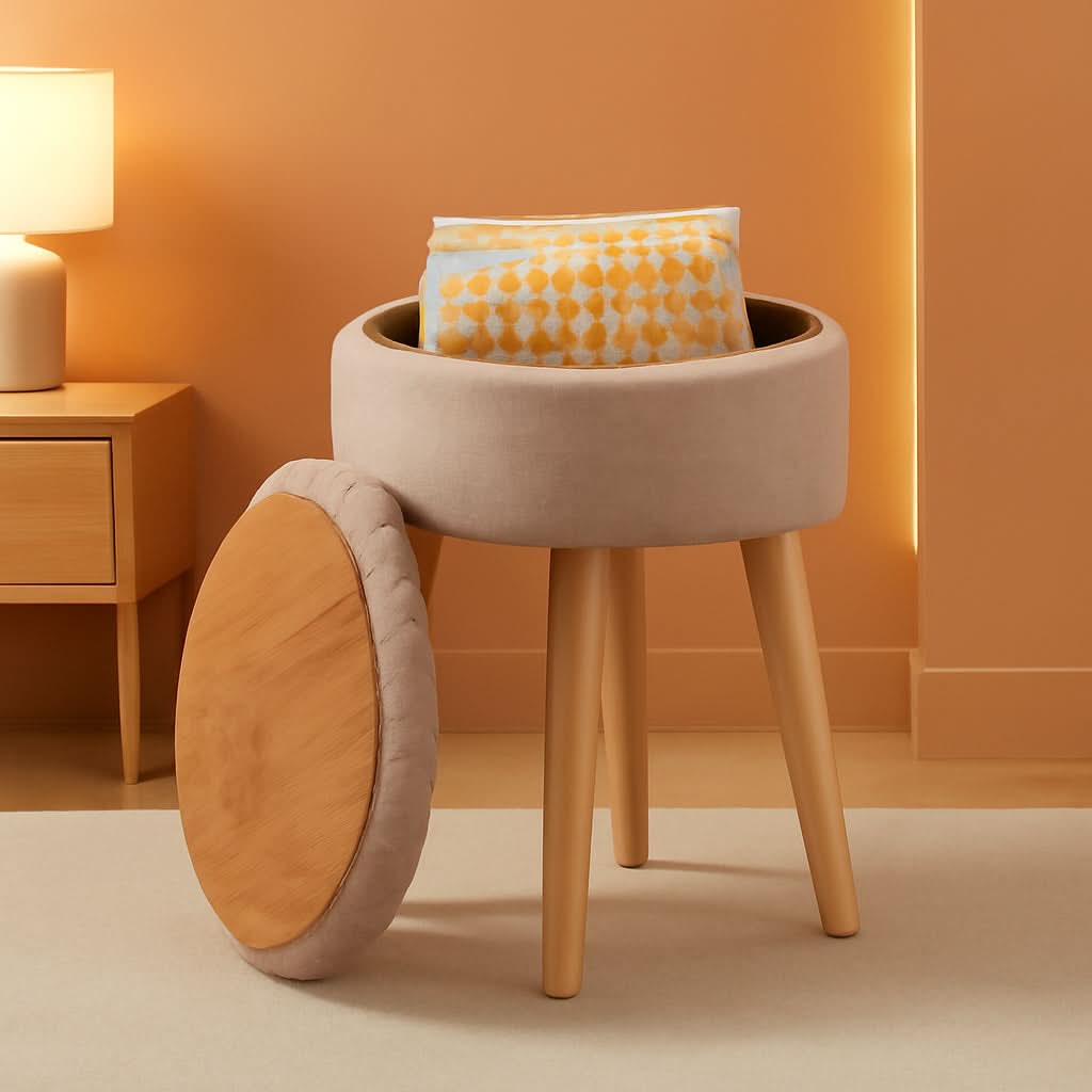 Khaki Linen Storage Velvet Upholstered Ottoman With Tray
