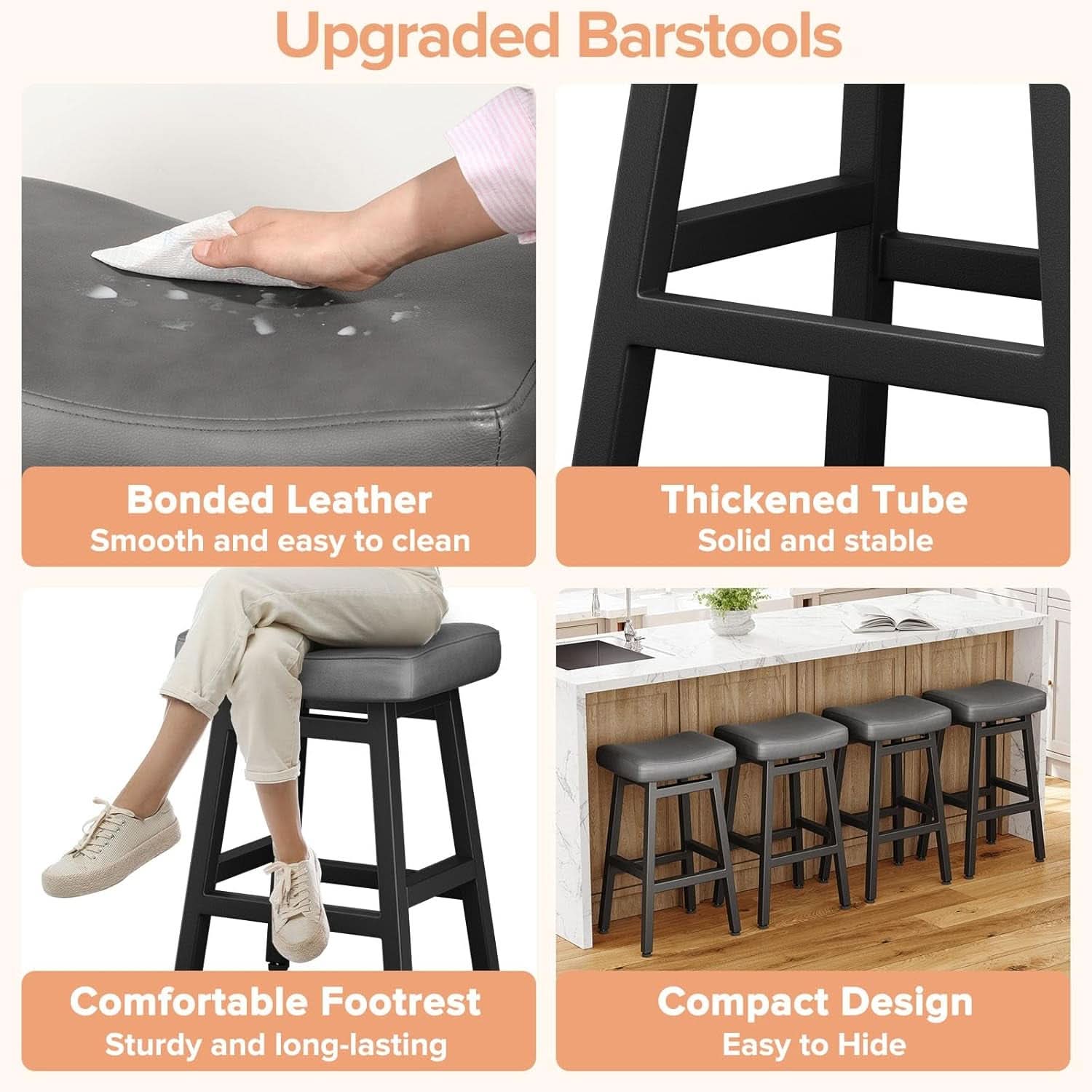 29 Inch Bar Stools Set of 2 All Black Bonded Leather Saddle Seats With Heavy Duty Metal Legs