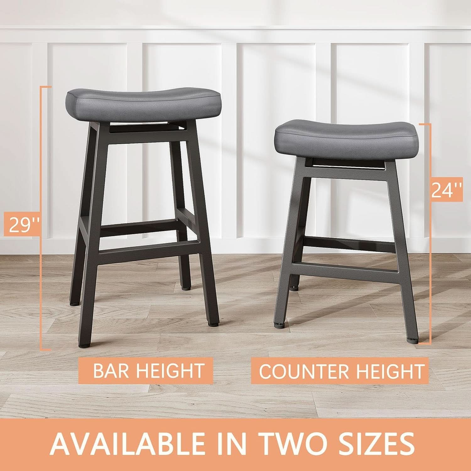 29 Inch Bar Stools Set of 2 All Black Bonded Leather Saddle Seats With Heavy Duty Metal Legs