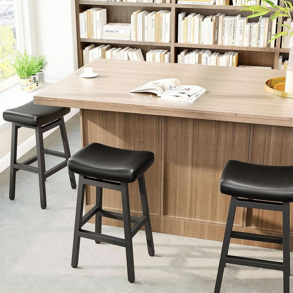 29 Inch Bar Stools Set of 2 All Black Bonded Leather Saddle Seats With Heavy Duty Metal Legs