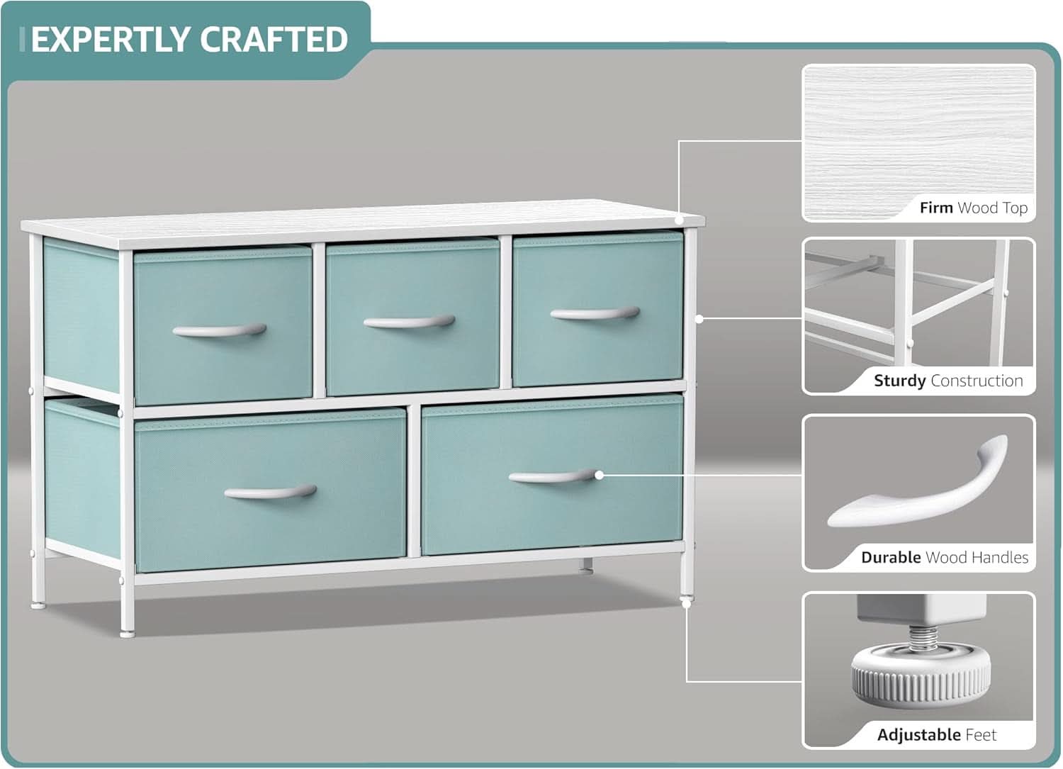 Kids Dresser With 5 Drawers, Pastel Aqua, Steel Frame
