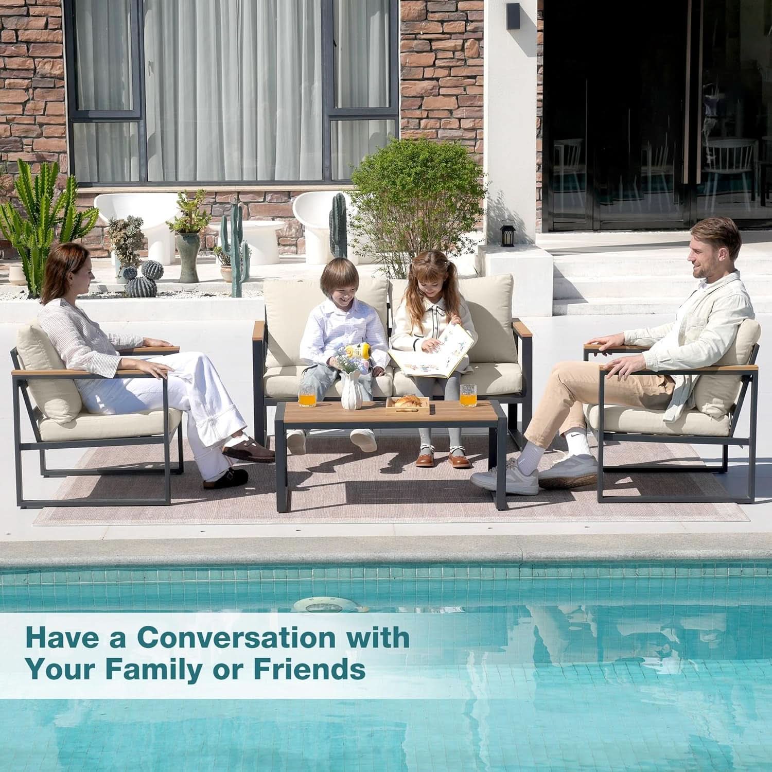 4 Piece Patio Set With Coffee Table Beige Metal Frames And Washable Cushions