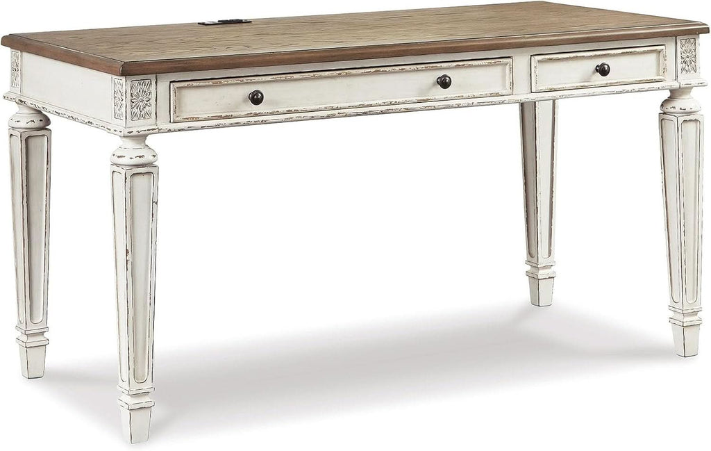 Realyn Farmhouse 60 Inch Home Office Desk With USB Charging Chipped White