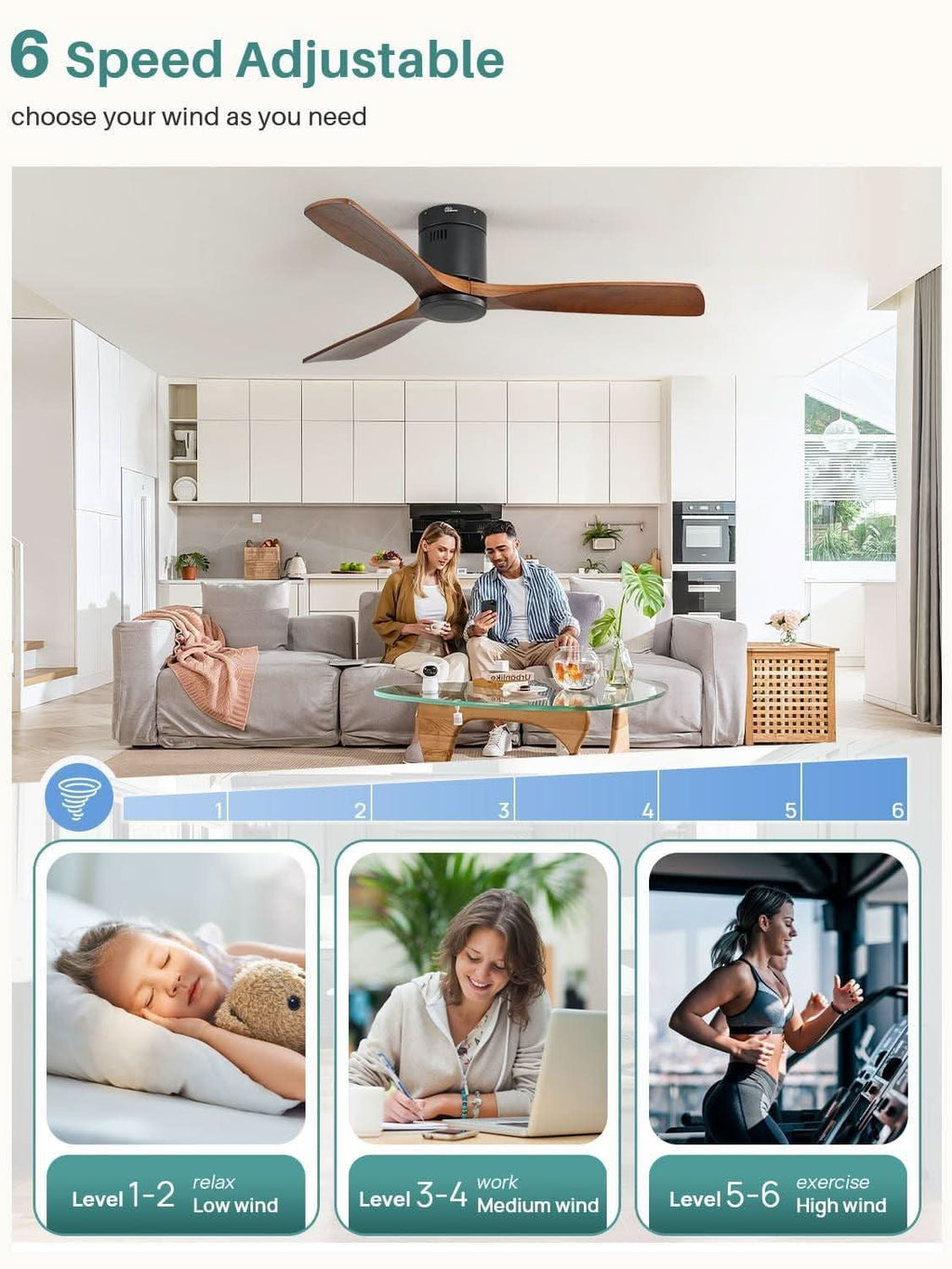 52 Inch Solid Wood Flush Mount Ceiling Fan With Remote
