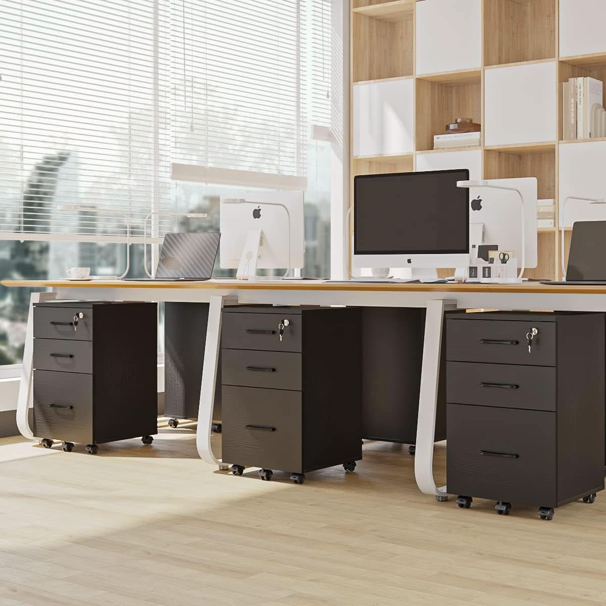 3 Drawer Wood Mobile File Cabinet With Wheels Black Under Desk Office Storage For Home Office Use