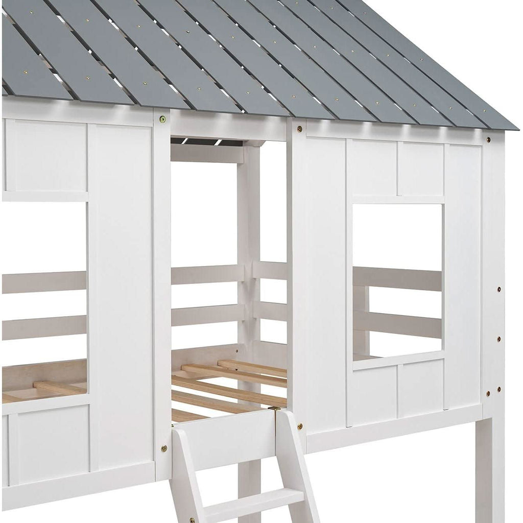 Twin House Bunk Bed With Playhouse White And Gray Finish