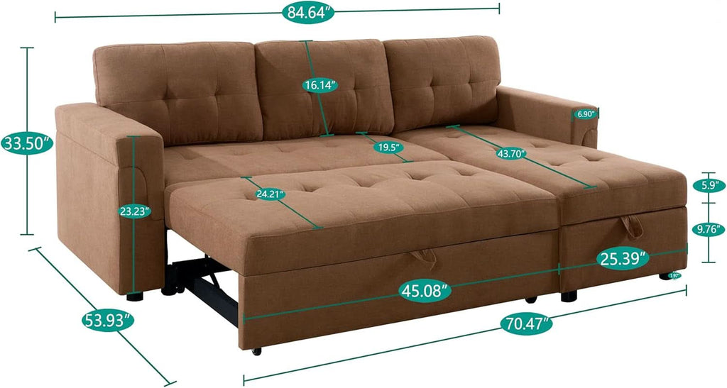 Caramel Sleeper Sofa With Storage Chaise Modern Comfort