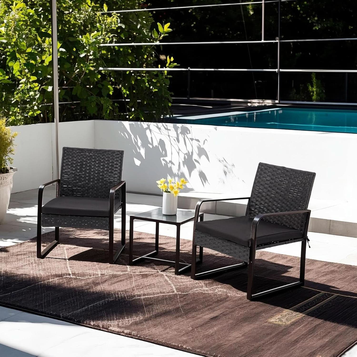 3 Piece Outdoor Patio Furniture Set Wicker Conversation Set With Glass Coffee Table