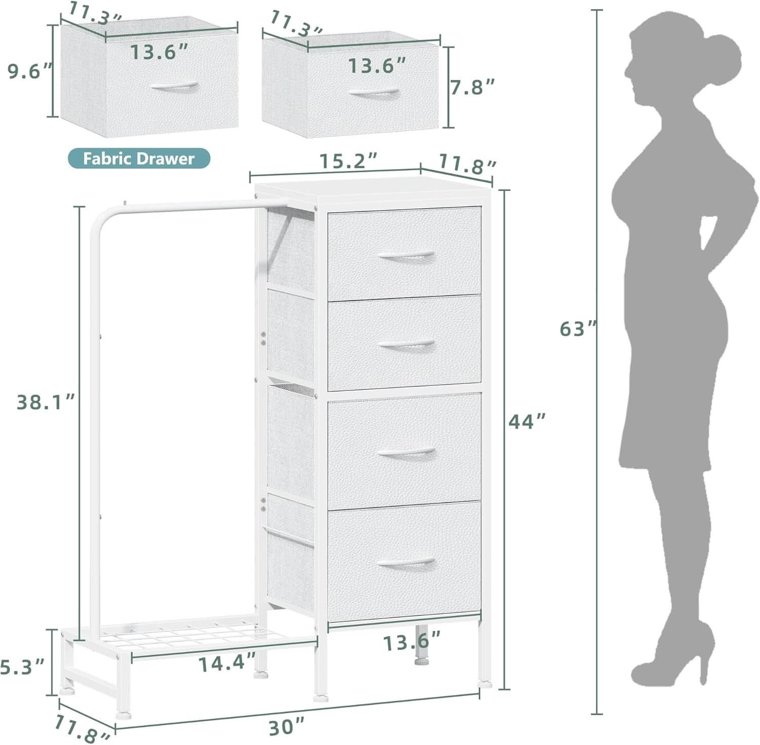 Dresser With Hanging Rack 4 Drawer White 44 Inch Tall