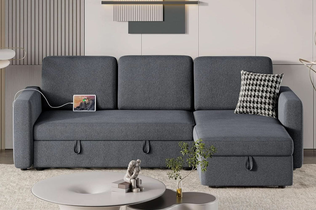 Dark Gray Sectional Sofa With Chaise And USB Charging