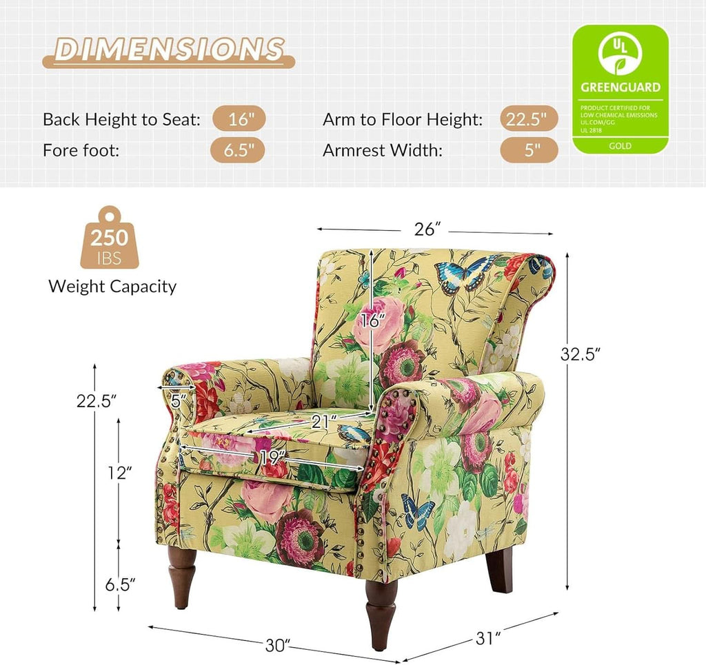 Mustard Floral Wingback Accent Chair With Solid Wood Legs