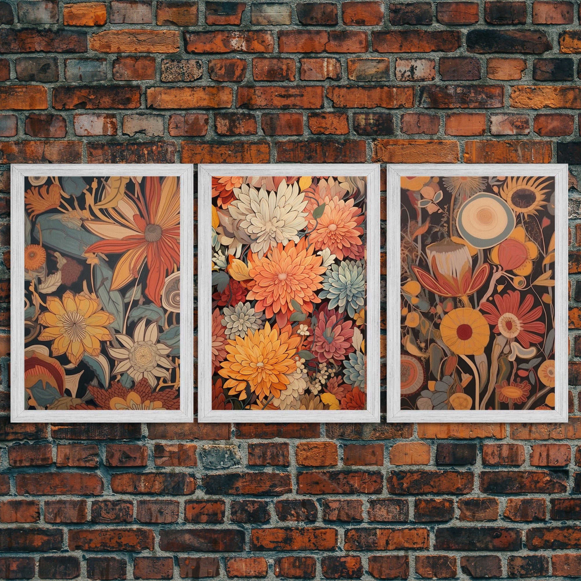 Boho Style Wall Art, Framed Canvas Print 3 Piece Set, Boho Chic, Gifts For Girlfriend, Boho Home Decor, Botanical Floral Art, Botanical Art