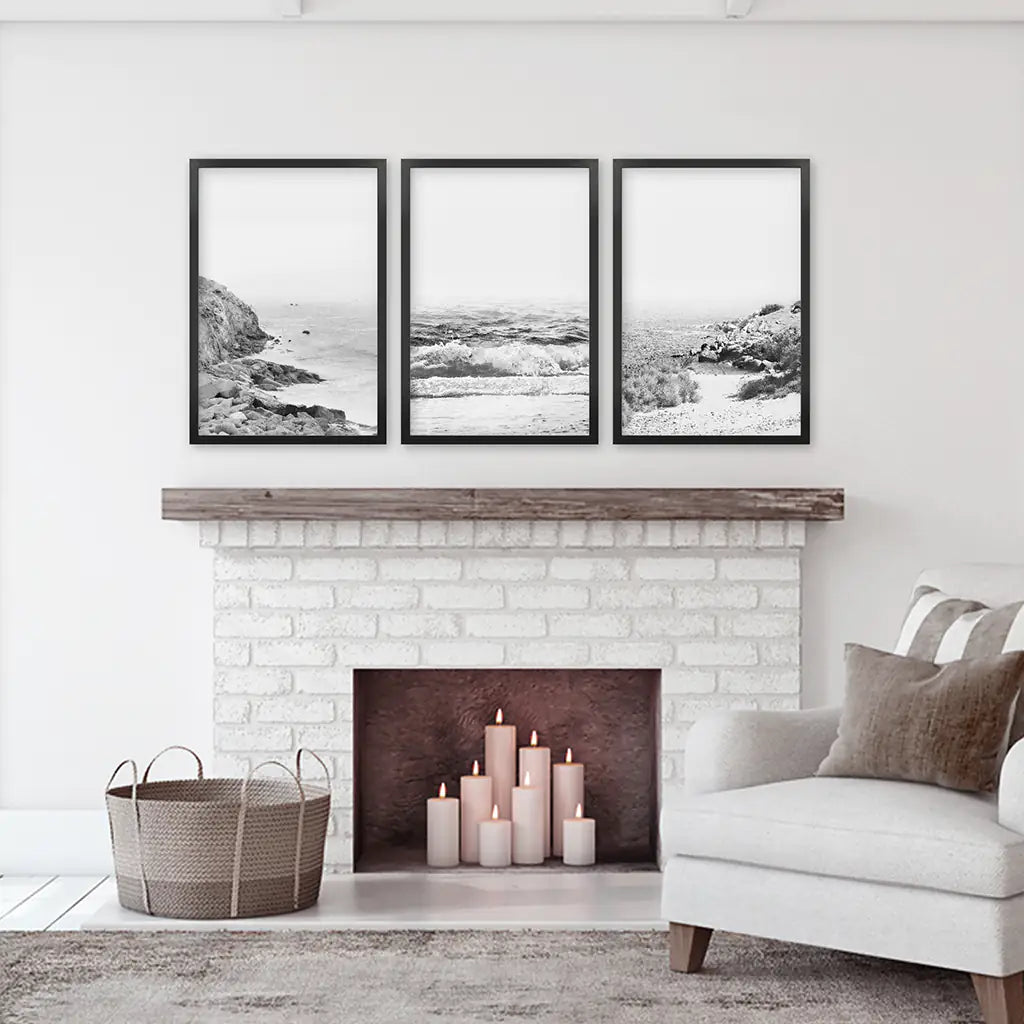 Coastal Black White Photography Set. Waves, Rocky Beach