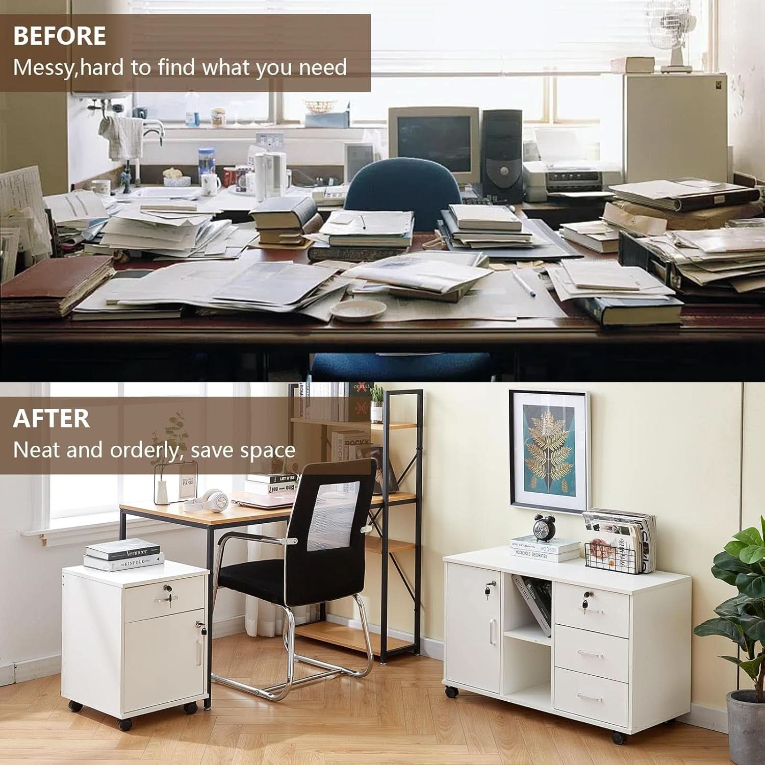 White Mobile File Cabinet With Lockable Drawer And Door