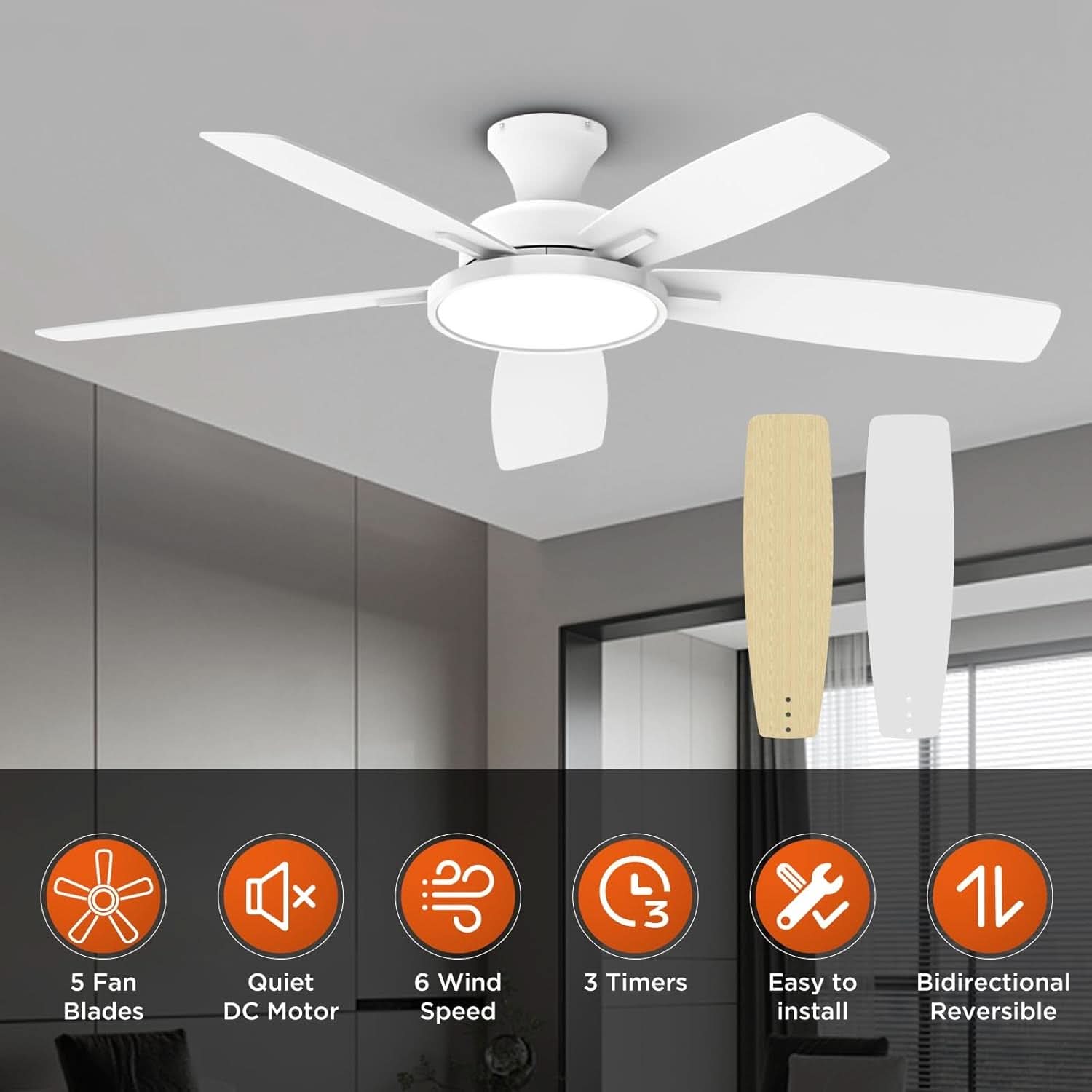 52 Inch Ceiling Fan With Dimmable Lights And Remote