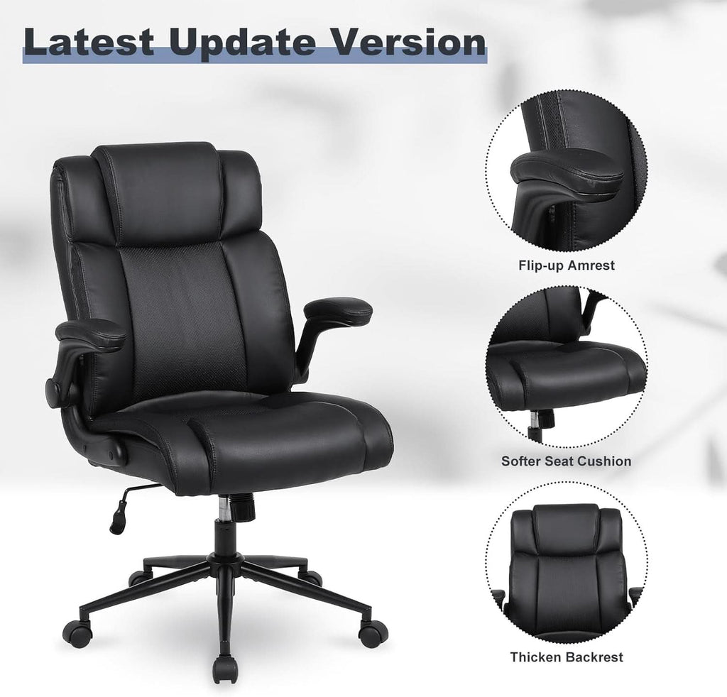 Black Leather Office Chair With Flip Up Armrests And Wheels