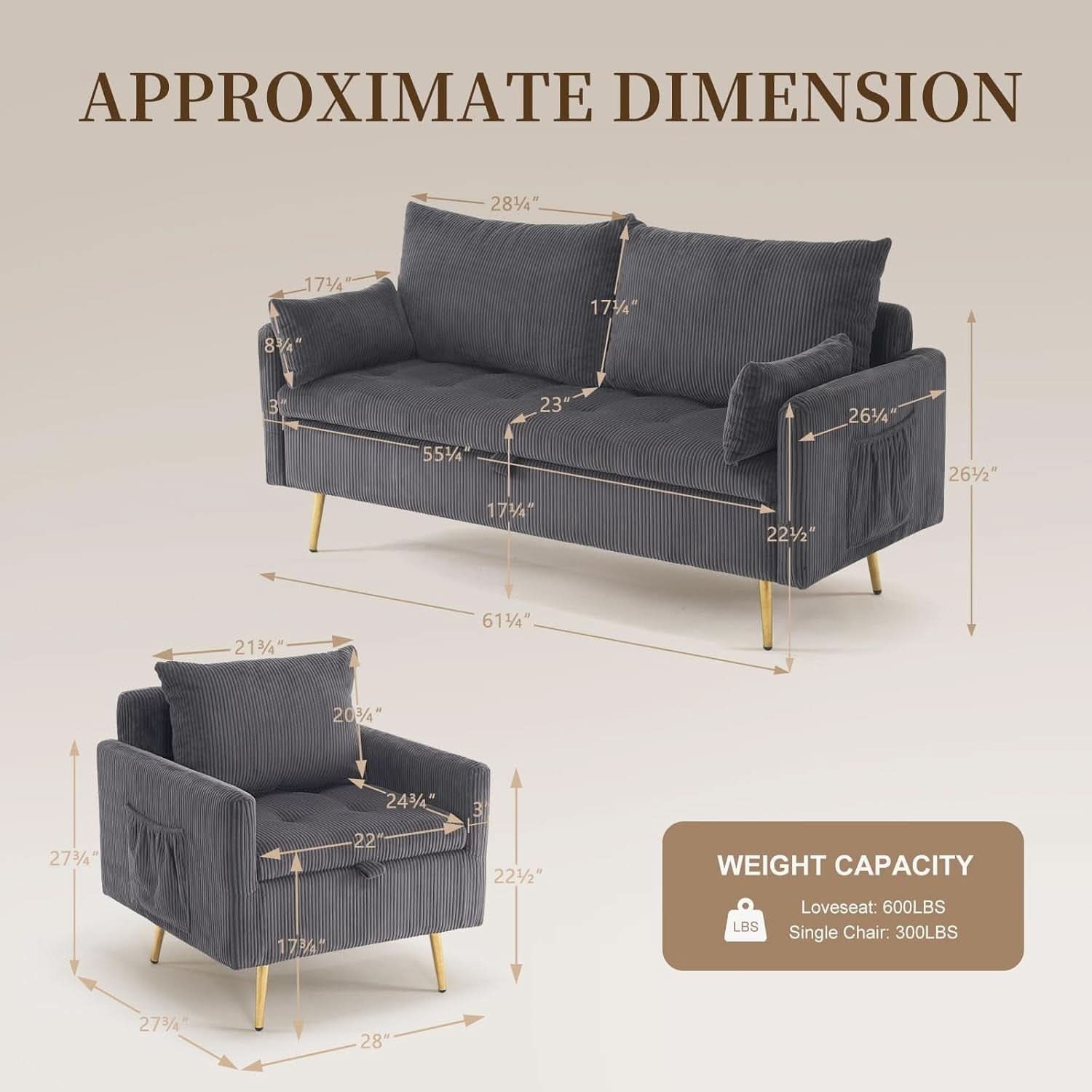 3 Piece Storage Sofa Set With Corduroy Gray Loveseat