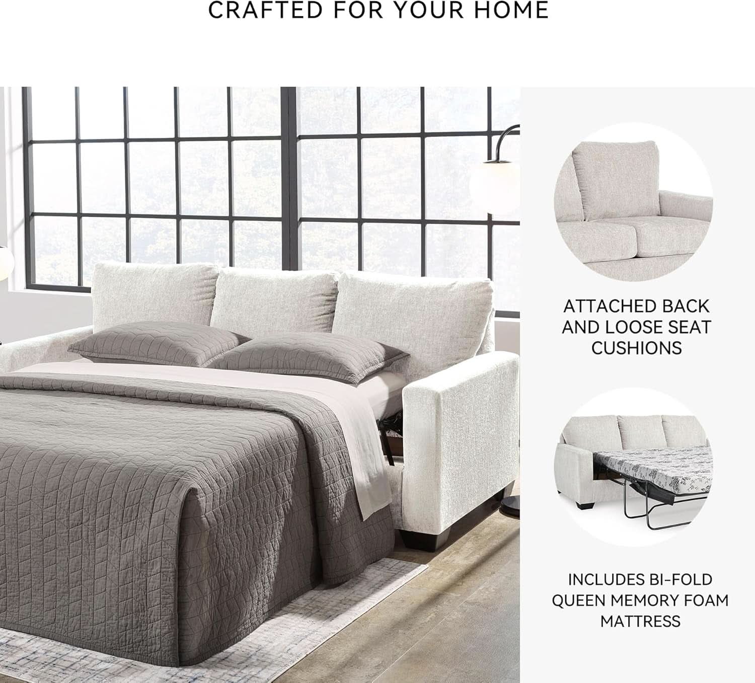 White Queen Upholstered Sleeper Sofa With Gel Memory Foam