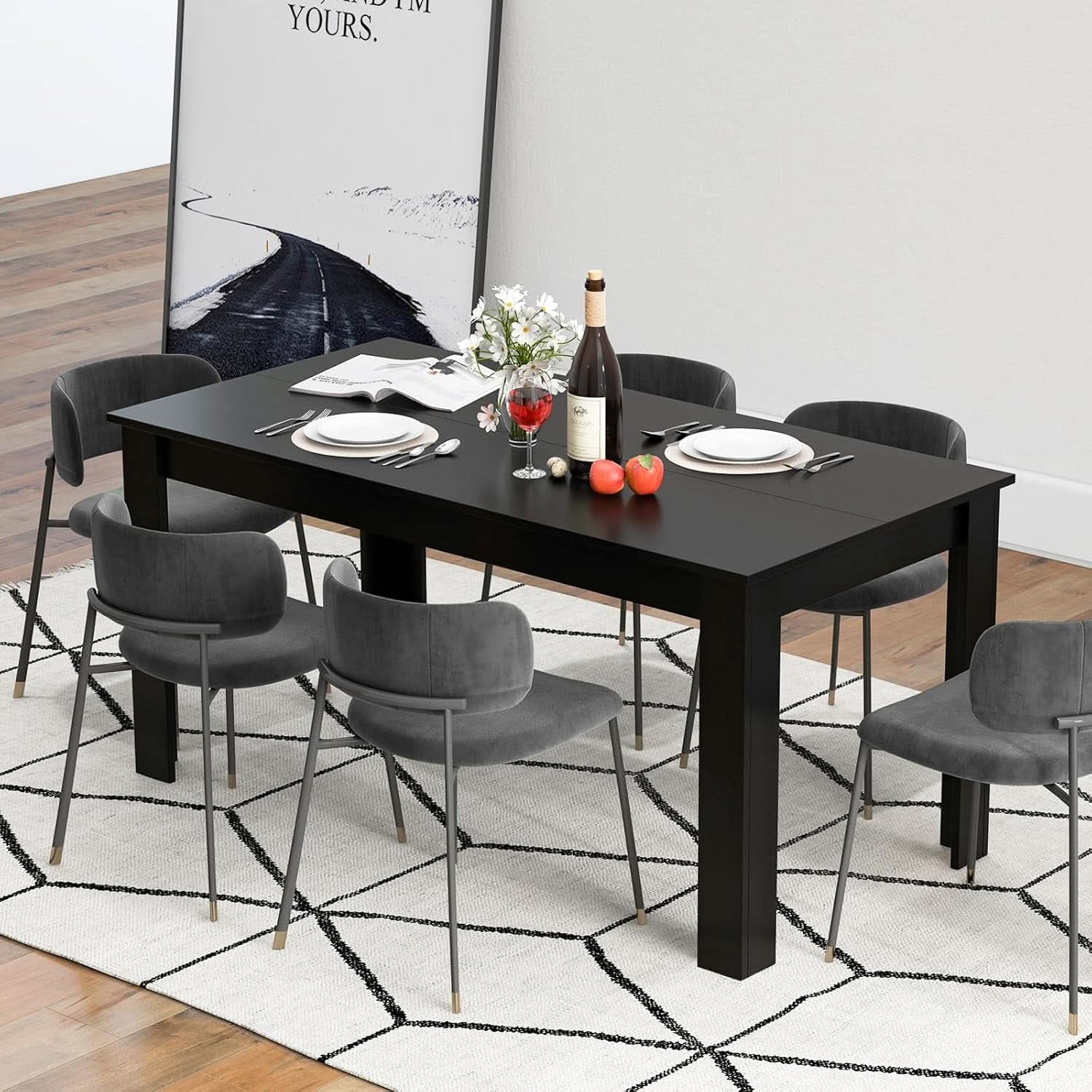63 Inch Black Dining Table For 6 Modern Home Kitchen