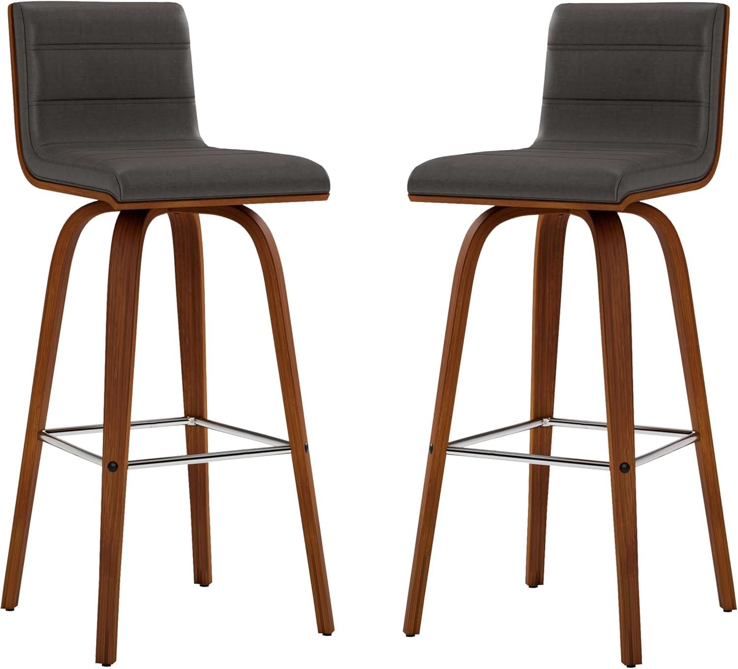Mid-Century Modern Barstool Grey Faux Leather Wood Finish