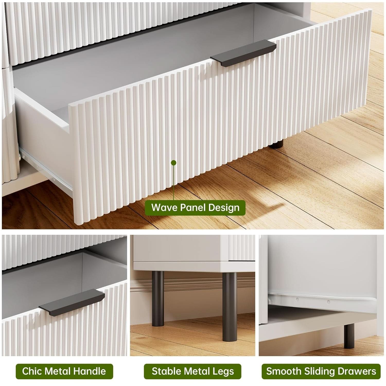 White Fluted Contemporary Dresser With Stainless Legs