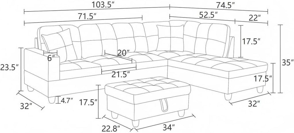 L Shaped 3 Piece Sofa Set With Storage Ottoman Dark Blue