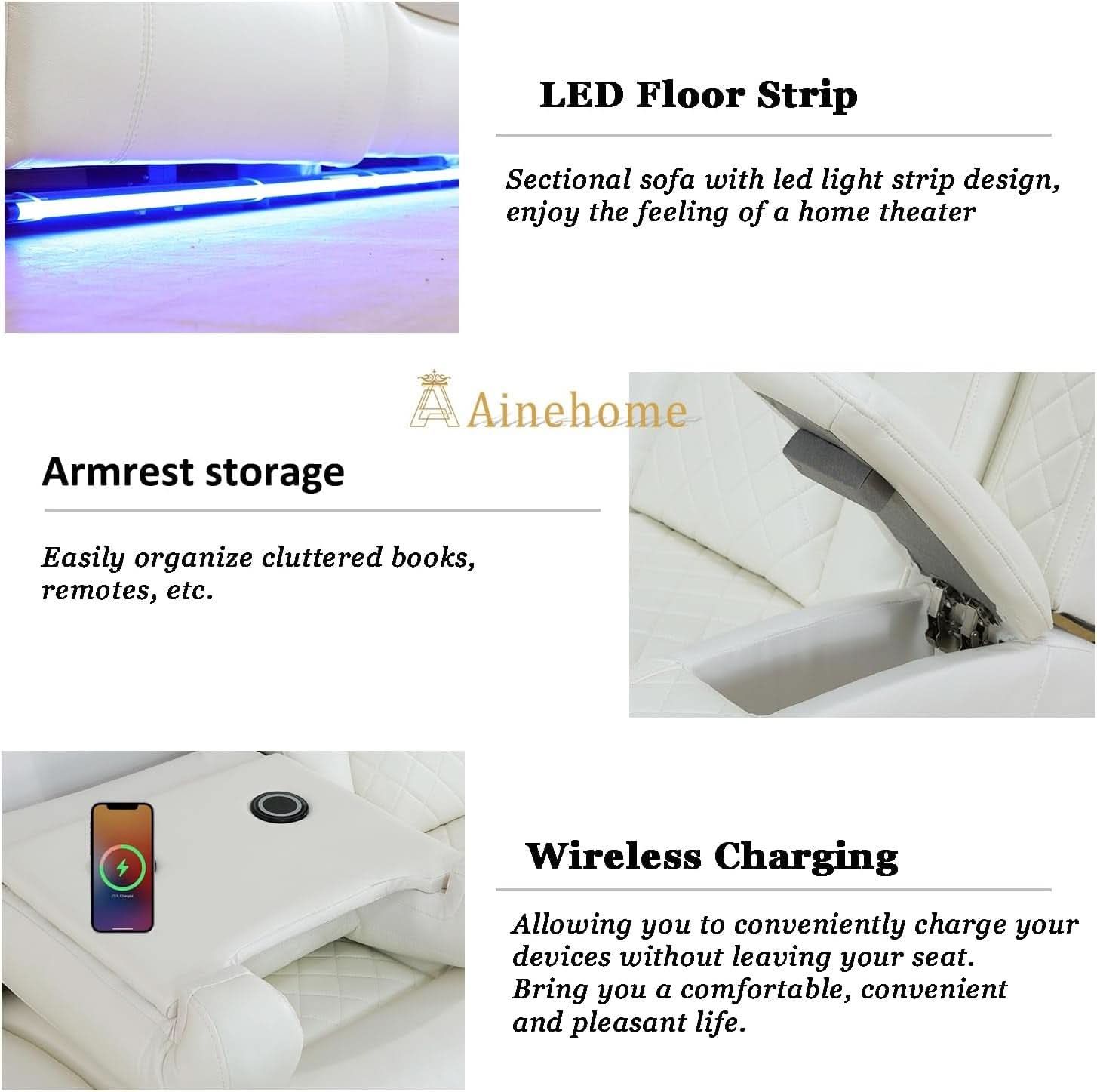 Power Recliner Sofa Set With Wireless Charging Creamy White