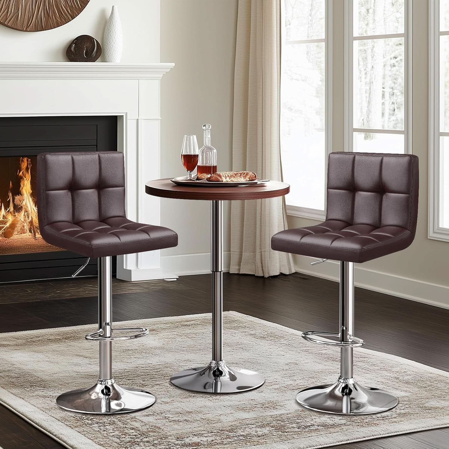 Bar Stools Set Of 2 Adjustable PU Leather Swivel Brown