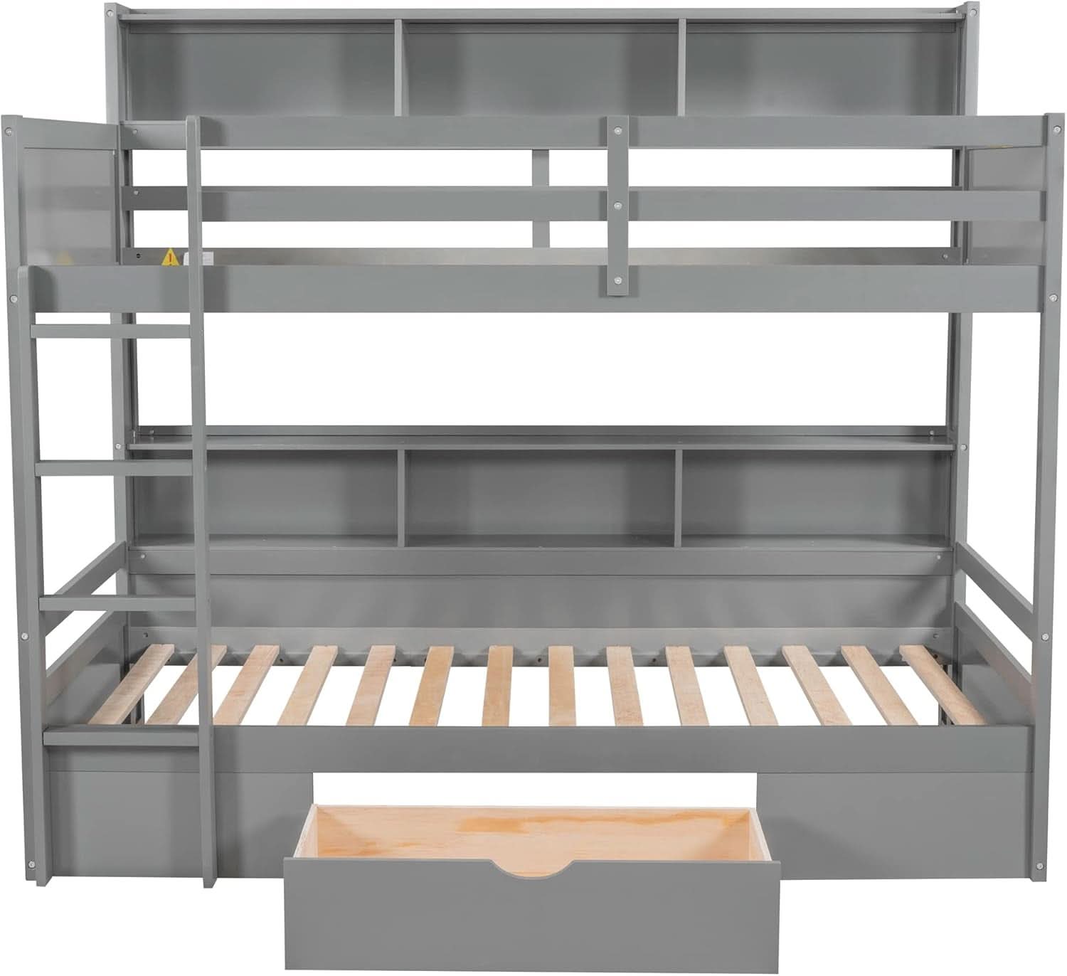 Grey Wood Twin Over Twin Bunk Bed With Storage Shelves And Drawer