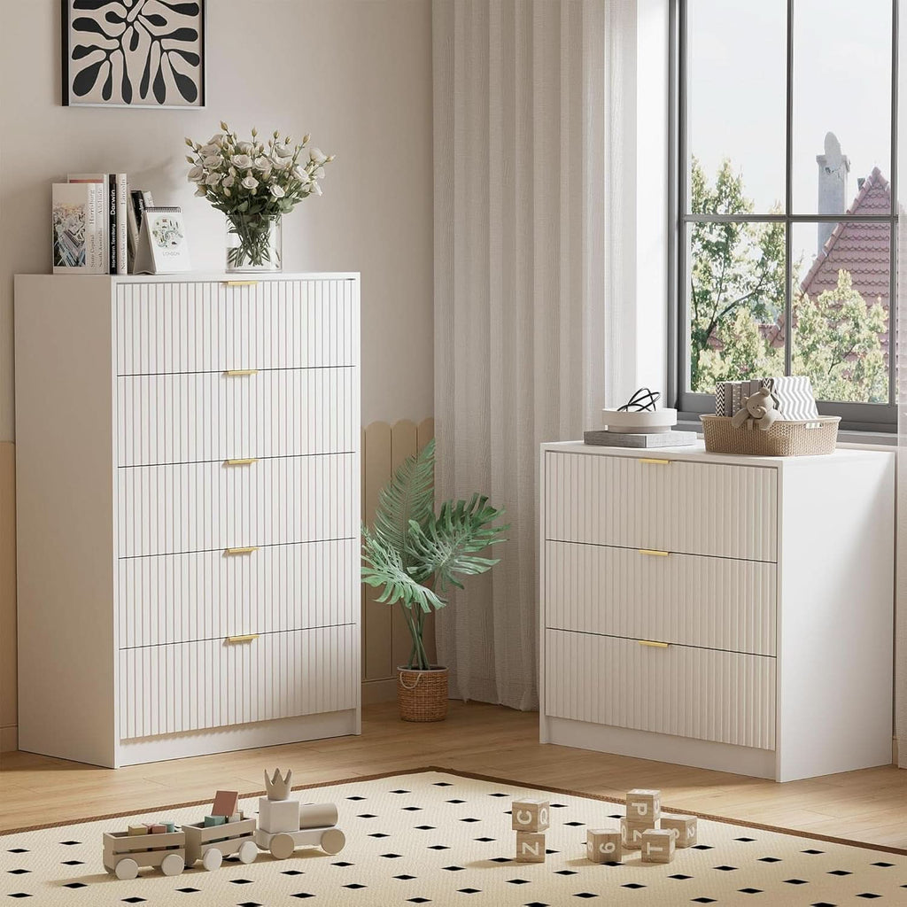 White Contemporary Dresser With Three Drawers And Fluted Panels