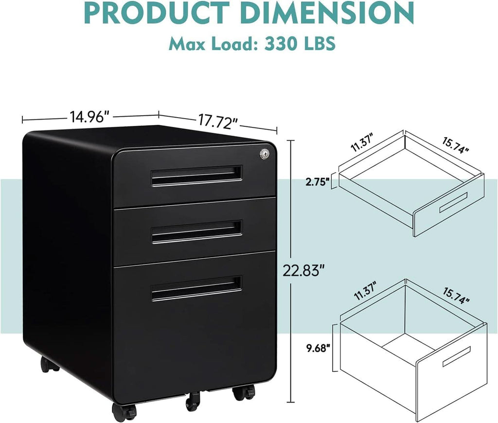 Mobile 3 Drawer Filing Cabinet With Lock Black Rolling