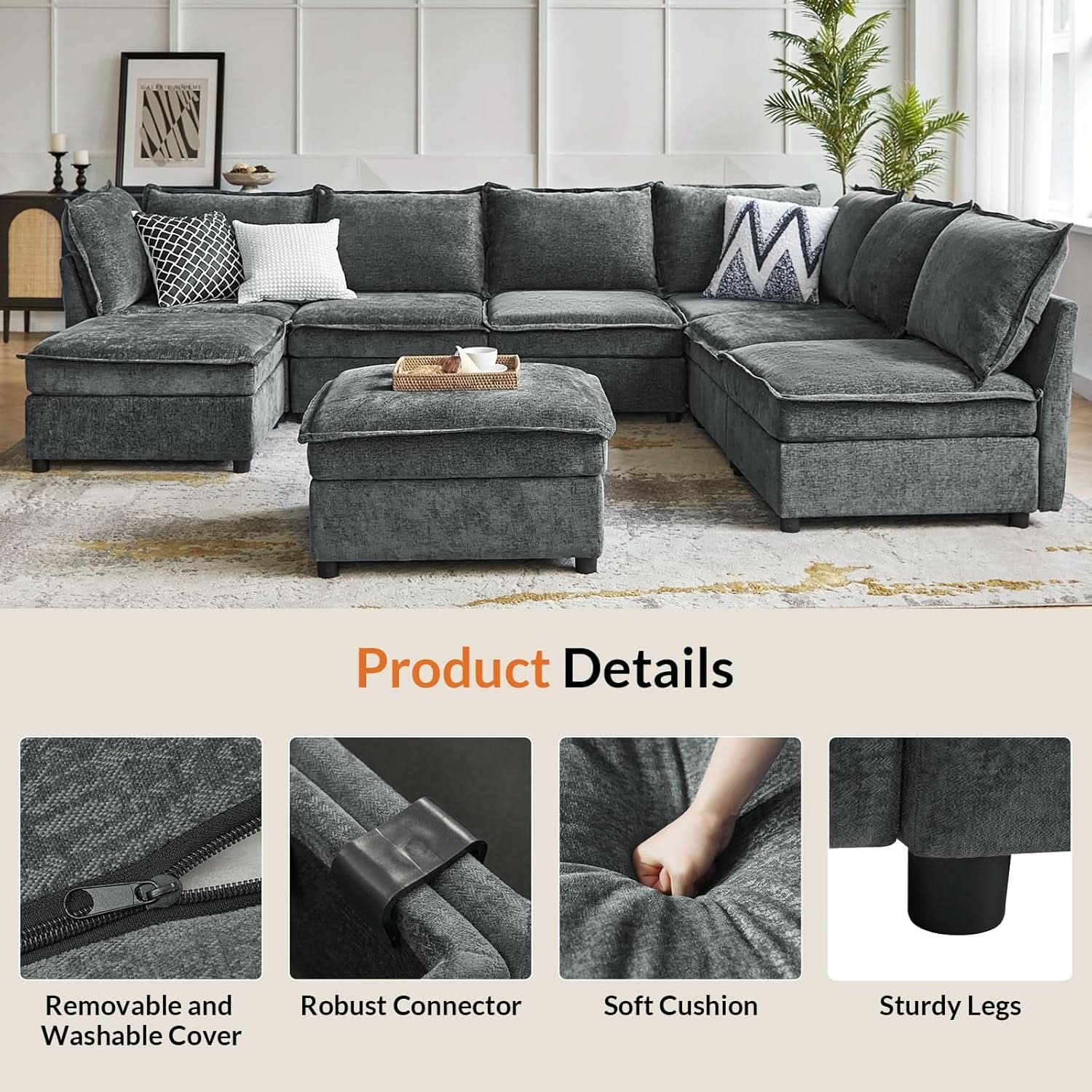 127 Inch Grey Modular Sectional Sofa With Storage Ottoman