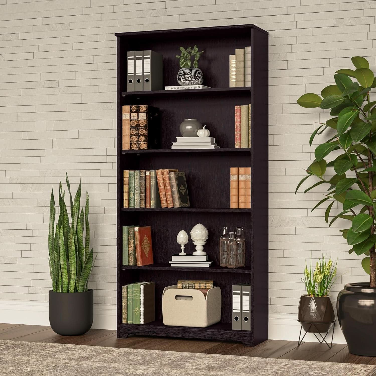 Tall Five Shelf Bookcase Espresso Oak For Living Room