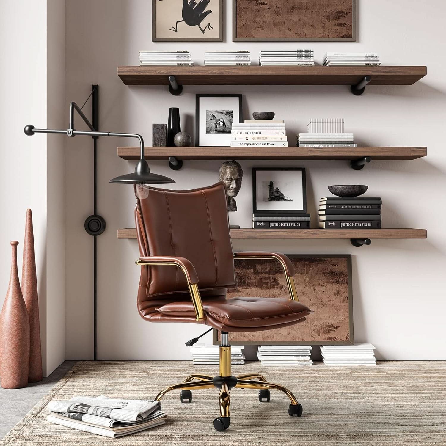 Faux Leather Home Office Desk Chair Adjustable Height Brown