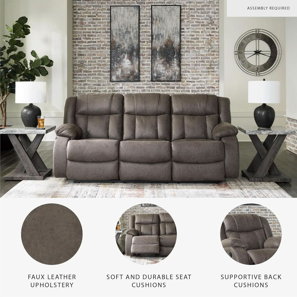 Contemporary Gray Faux Leather Manual Reclining Sofa