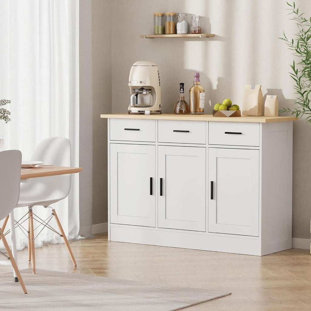 White Buffet Cabinet 47W Oak Top With 3 Doors And 3 Drawers