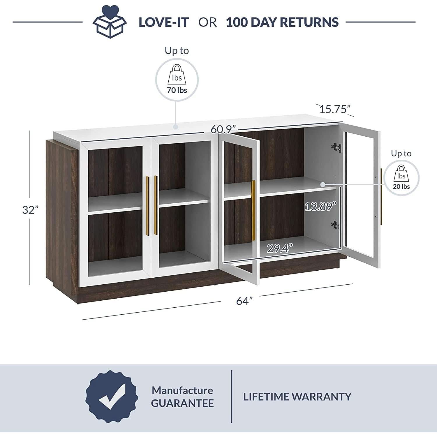 Brixston Modern Wood Glass Buffet Cabinet 64 Inch Wide