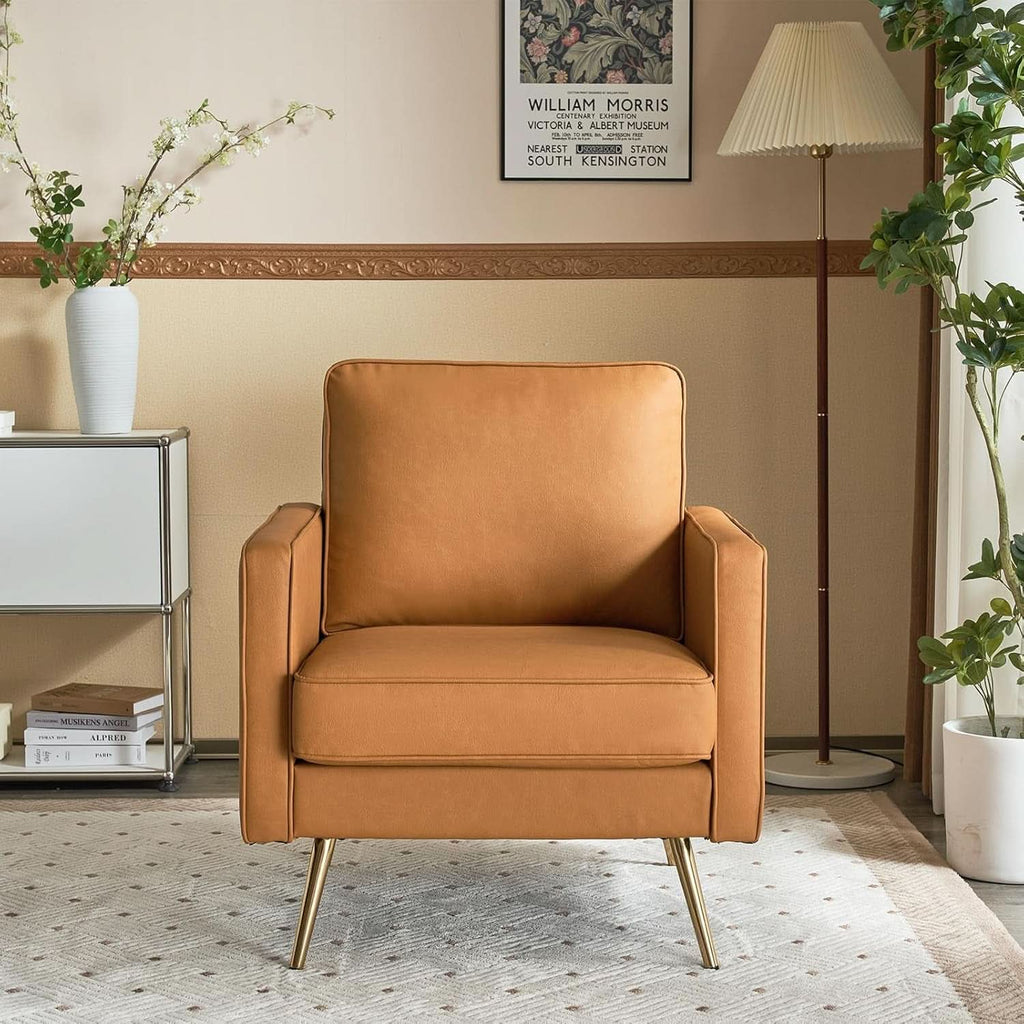 Brown PU Leather Accent Chairs Set Of 2 With Gold Legs