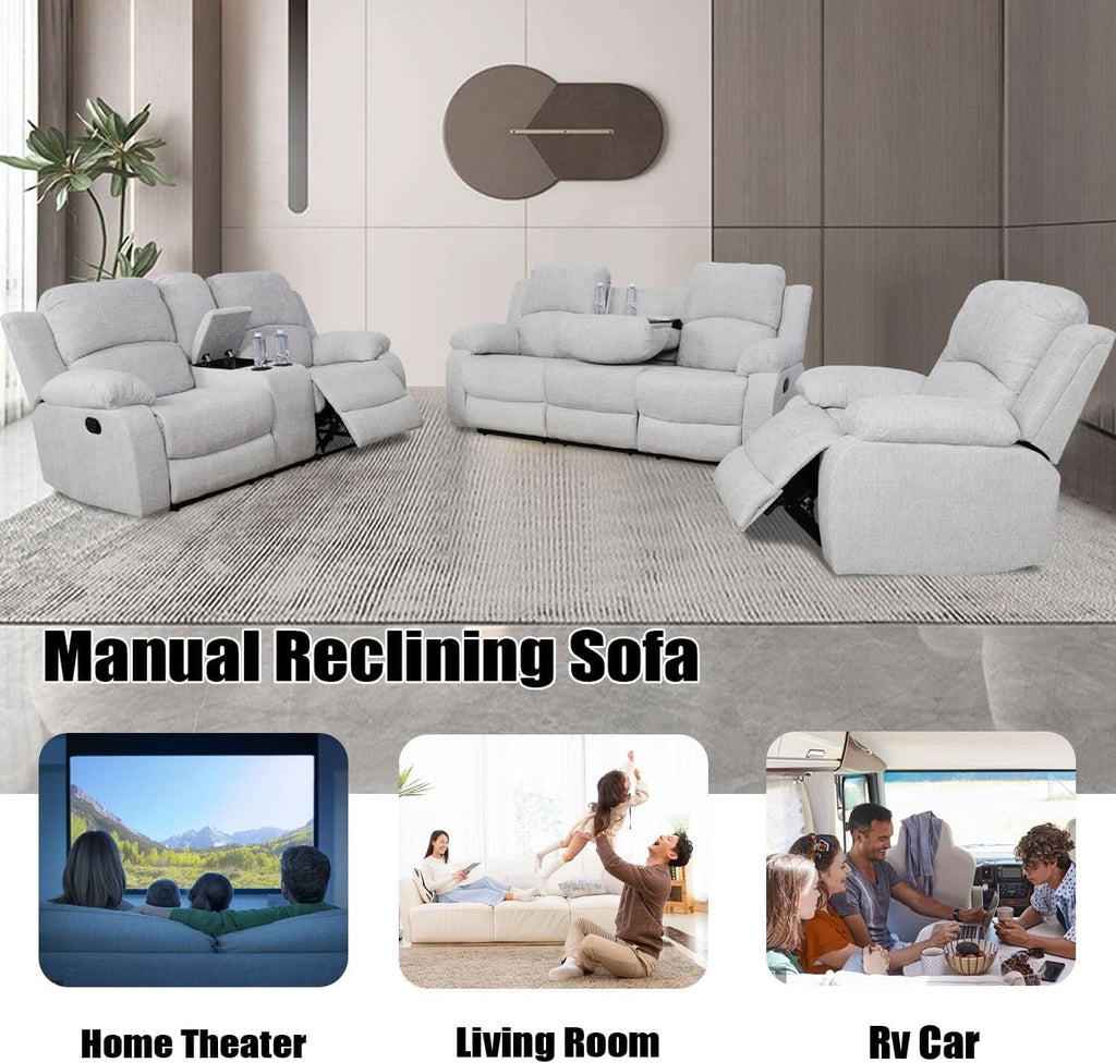 Grey Linen Recliner Sofa Set Featuring Drop Down Table