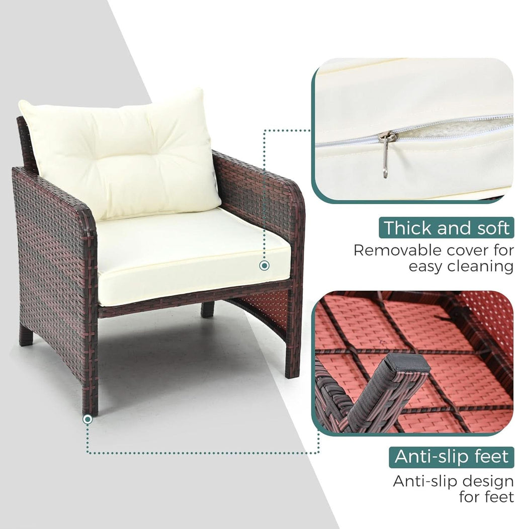 5 Piece Beige Rattan Patio Furniture Set With Ottomans And Coffee Table