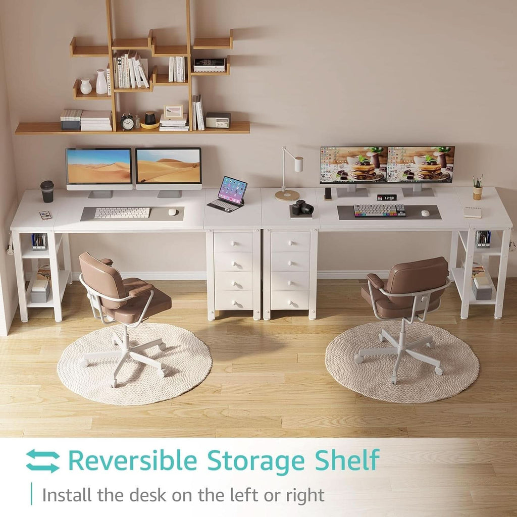 55 Inch White Computer Desk With Fabric Drawers And Storage