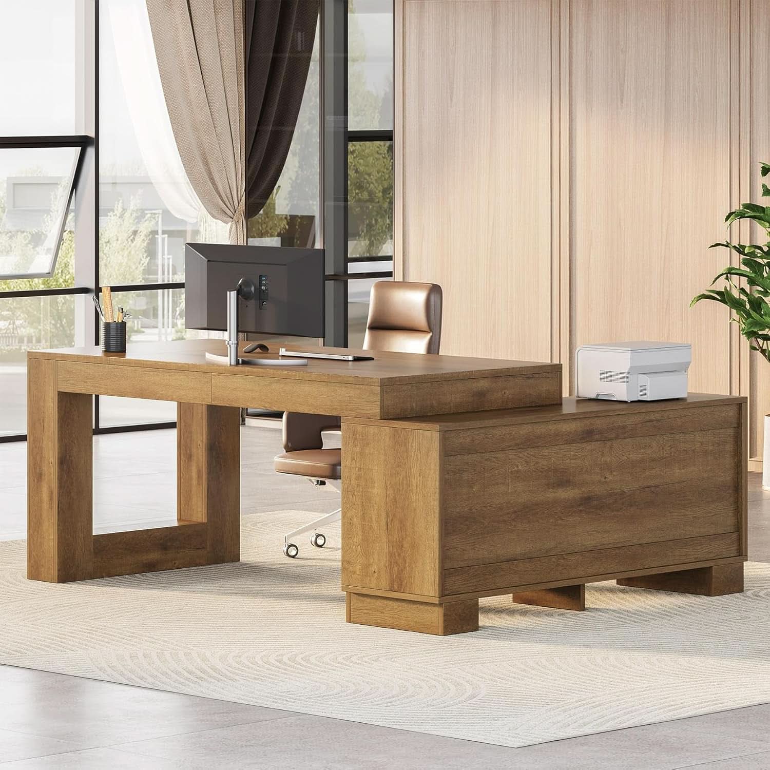 Brown 63 Inch Long L Shaped Desk With Sliding Cabinets